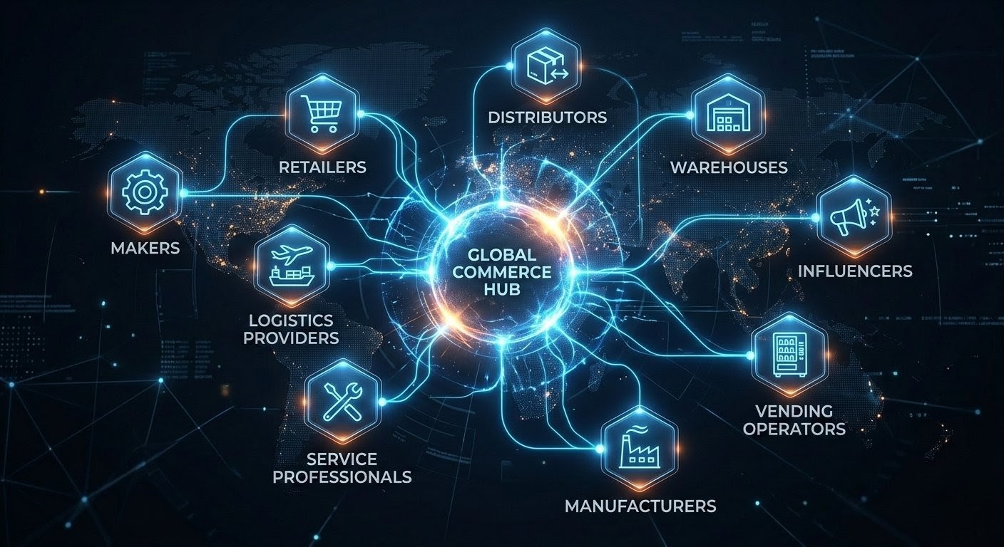 Commerce ecosystem network linking creators, retailers, distributors, service providers, and locations.