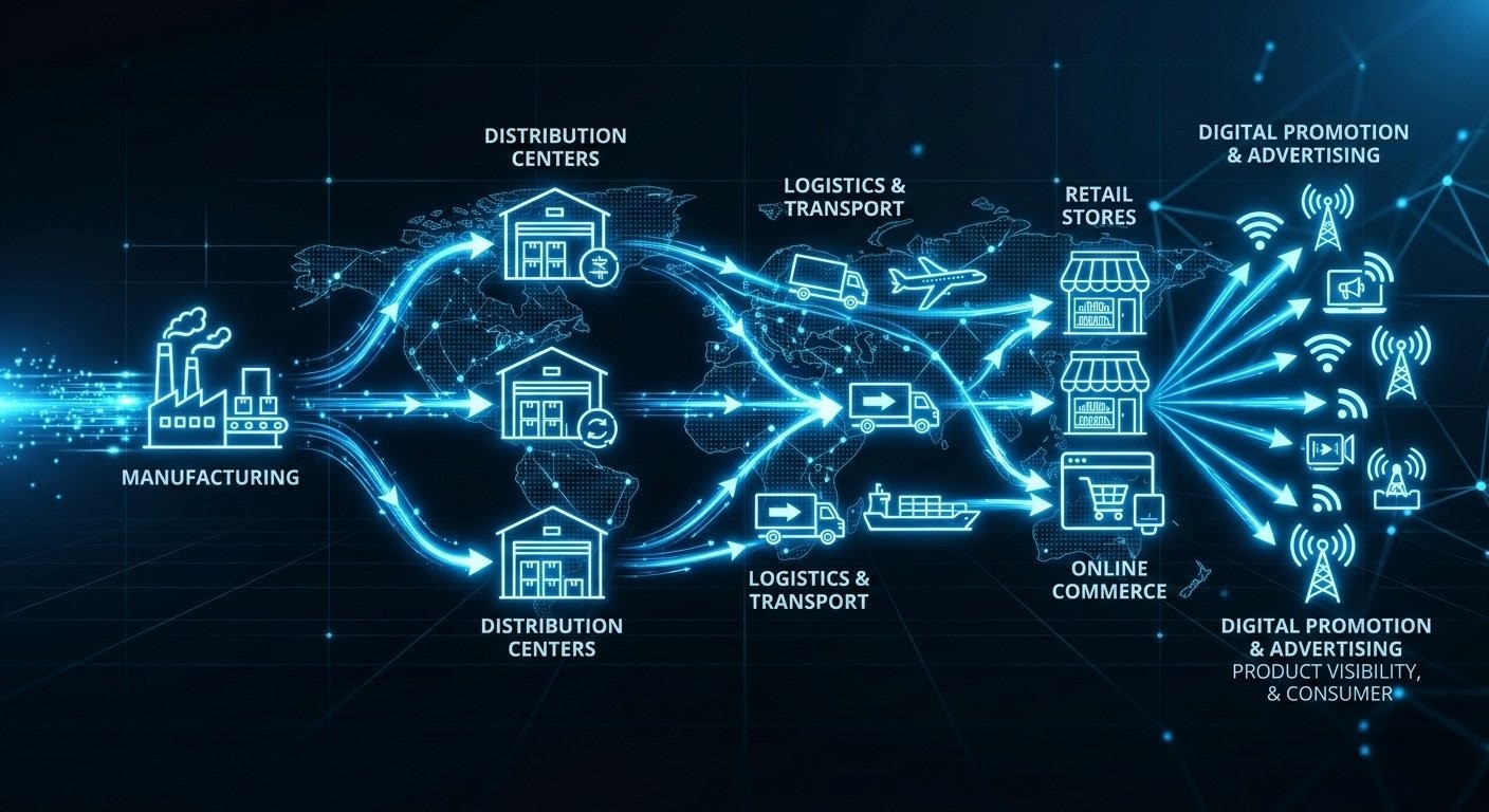 Connected commerce flow from product creation to distribution, promotion, and sell-through.