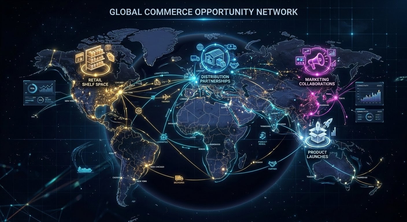 Global commerce opportunities map highlighting regions, retail opportunities, and market entry paths.